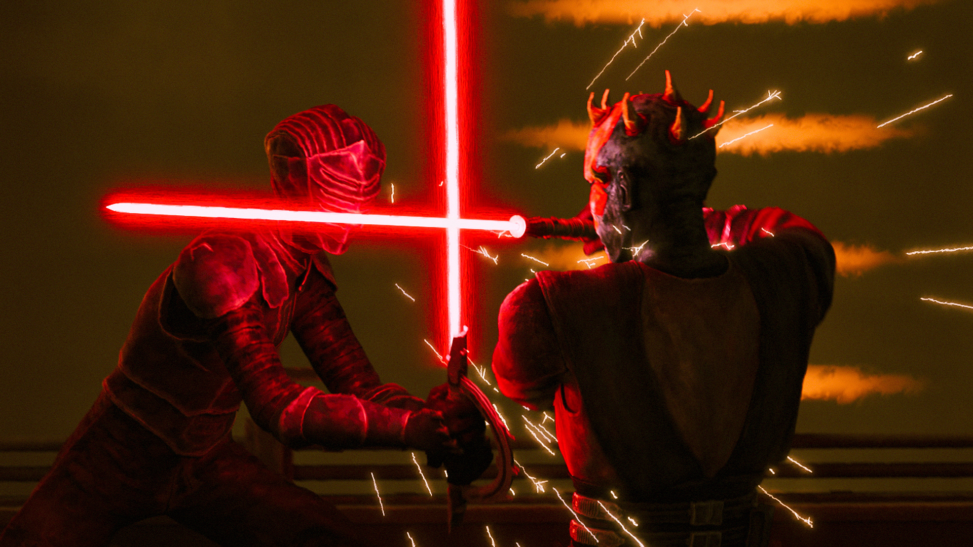 Darth Maul clashes with red lightsabers as sparks fly in a dramatic battle scene from Star Wars: Maul &ndash; Shadow Lord.