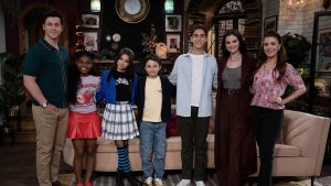 An image of the cast of Wizards Beyond Waverly Place&mdash;from left to right, David Henrie, Taylor Cora, Janice Leann Brown, Max Matenko, Alkaio Thiele, Selena Gomez, and Mimi Gianopulos.