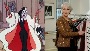 Side-by-side images of Cruella de Vil from One Hundred and One Dalmatians (1961) and Miranda Priestly (Meryl Streep) from 2006&rsquo;s The Devil Wears Prada.