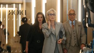 An image of Anne Hathaway (left) as Andy Sachs, Meryl Streep (middle) as Miranda Priestly, and Stanley Tucci (right) as Nigel Kipling in 20th Century Studios&rsquo; The Devil Wears Prada 2.