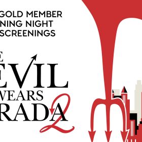 Promotional image for "D23 Gold Member Opening Night Fan Screenings" featuring "The Devil Wears Prada 2." The image includes stylized black text, with the word "DEVIL" having a pitchfork for the "V," and a red number 2 looping as part of the word "Prada." The background displays a red stylized devil&rsquo;s tail arching over the New York City skyline, and a red trident pointing downward. At the bottom left, it reads &ldquo;&copy;Disney &copy;2026 20th Century Studios.&rdquo;