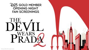 Promotional image for "D23 Gold Member Opening Night Fan Screenings" featuring "The Devil Wears Prada 2." The image includes stylized black text, with the word "DEVIL" having a pitchfork for the "V," and a red number 2 looping as part of the word "Prada." The background displays a red stylized devil&rsquo;s tail arching over the New York City skyline, and a red trident pointing downward. At the bottom left, it reads &ldquo;&copy;Disney &copy;2026 20th Century Studios.&rdquo;