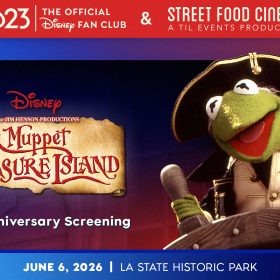 Event banner featuring the "Disney Muppet Treasure Island 30th Anniversary Screening." The top of the image presents D23 (The Official Disney Fan Club) and Street Food Cinema logos. The main image shows Kermit the Frog dressed as a pirate, smiling and holding a wooden object. The event details at the bottom read: "June 6, 2026 | LA State Historic Park."