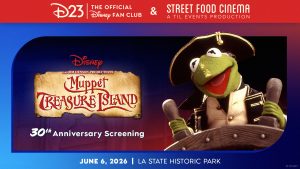 Event banner featuring the "Disney Muppet Treasure Island 30th Anniversary Screening." The top of the image presents D23 (The Official Disney Fan Club) and Street Food Cinema logos. The main image shows Kermit the Frog dressed as a pirate, smiling and holding a wooden object. The event details at the bottom read: "June 6, 2026 | LA State Historic Park."