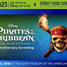 Event banner featuring the "Disney Pirates of the Caribbean: Dead Man's Chest 20th Anniversary Screening." The top of the image displays logos for D23 (The Official Disney Fan Club) and Street Food Cinema. The center features the movie title with a green background, a large tentacle on the left, and a pirate motif including crossed torches and a bandana, with a blurred area over part of the image. The event details at the bottom read: "May 23, 2026 | The Autry Museum of the American West."