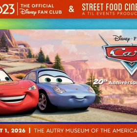 Lightning McQueen and Sally from Disney Pixar&rsquo;s Cars smile on Route 66 beside the text &ldquo;Cars 20th Anniversary Screening, August 1, 2026, The Autry Museum of the American West.&rdquo;