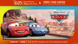 Lightning McQueen and Sally from Disney Pixar&rsquo;s Cars smile on Route 66 beside the text &ldquo;Cars 20th Anniversary Screening, August 1, 2026, The Autry Museum of the American West.&rdquo;