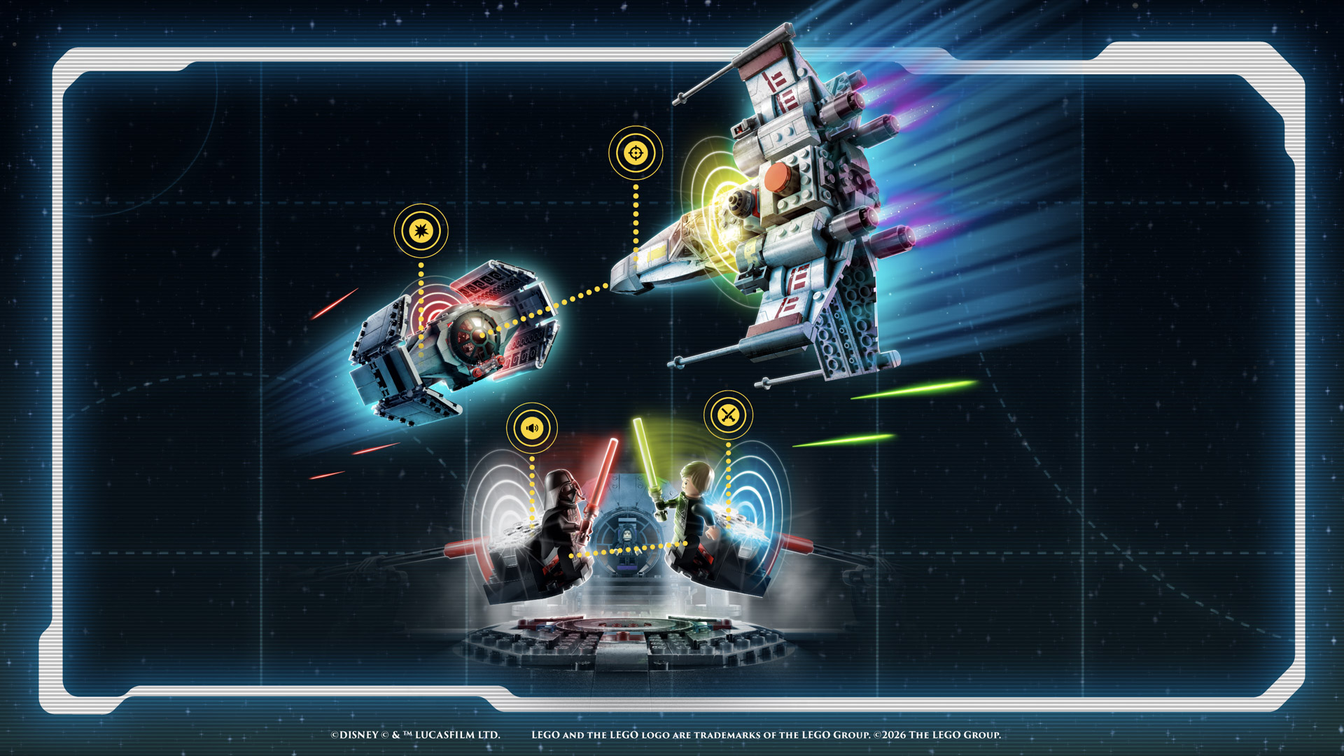 LEGO Star Wars SMART Play sets feature interactive X-wing and TIE fighter ships, plus minifigures with lightsabers on a digital-themed background.