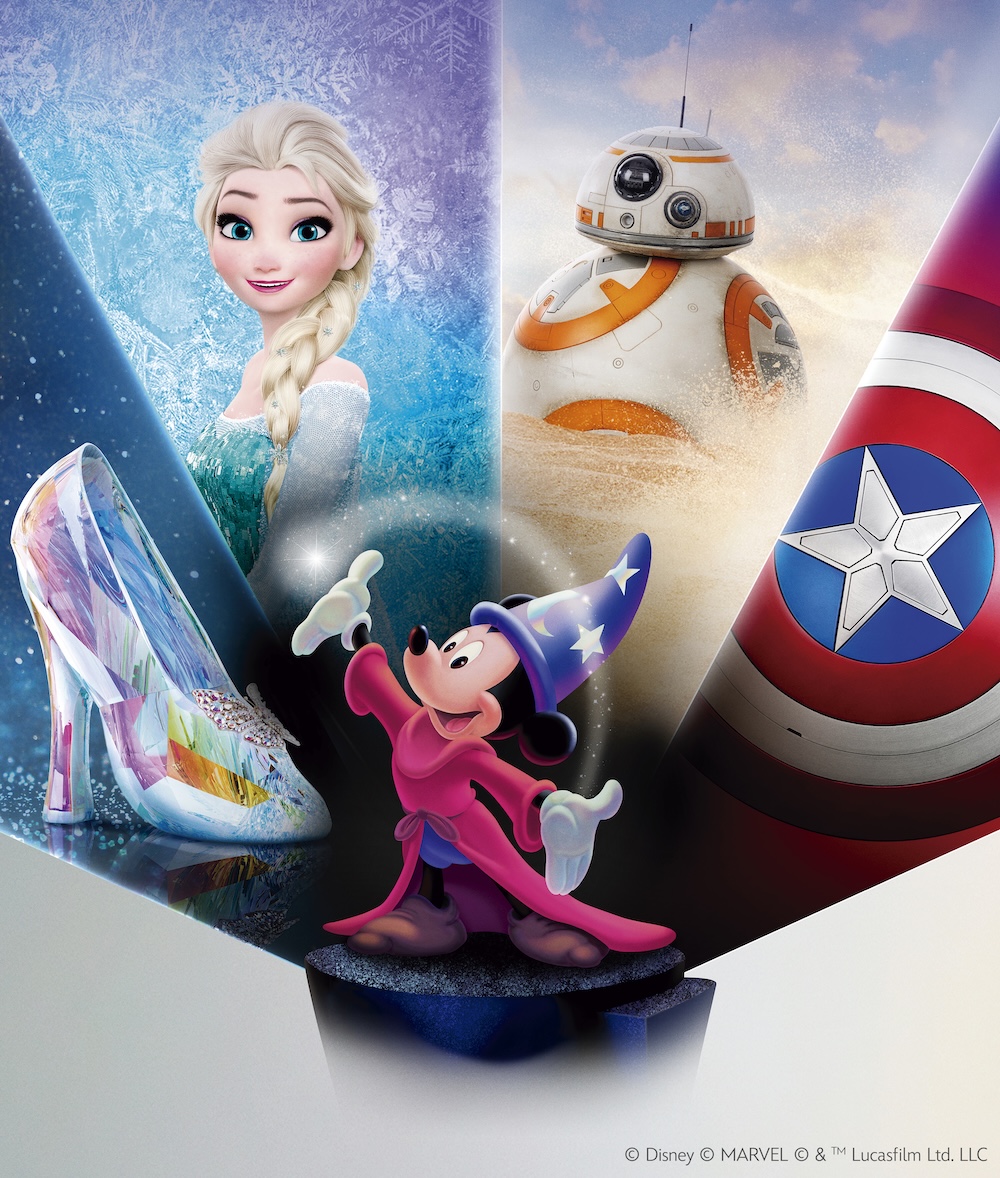 Sorcerer Mickey, Elsa from Frozen, BB-8 from Star Wars, a glass slipper, and Captain America&rsquo;s shield