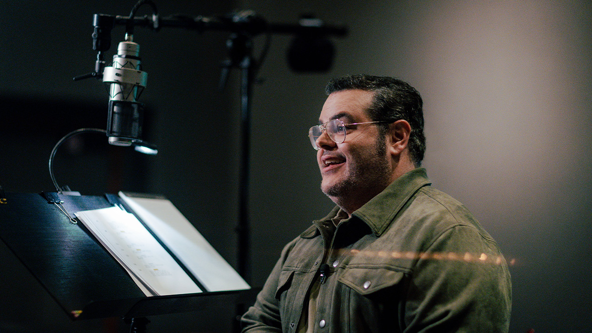 An image of Disney Legend Josh Gad recording narration for Disneynature’s Orangutan, coming to Disney+ on Earth Day, April 22, 2026.