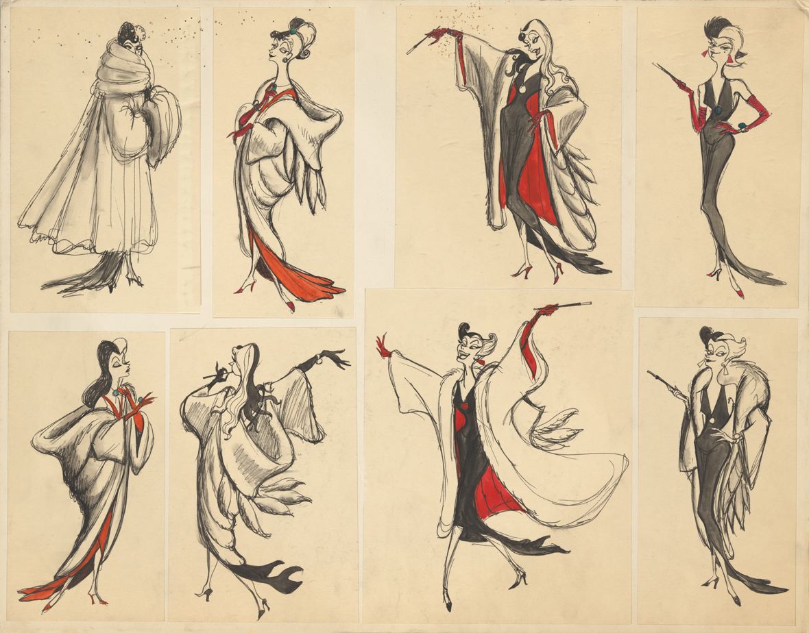 Early designs for Cruella de Vil in the animated One Hundred and One Dalmatians (1961).