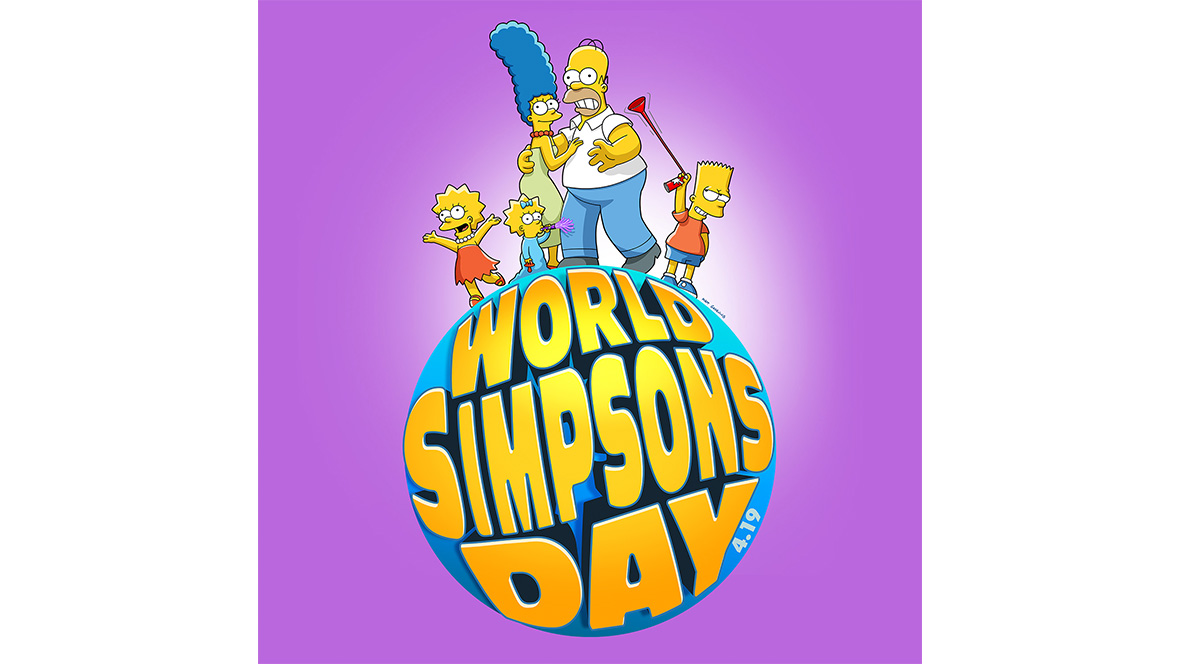An image of The Simpsons with the logo for World Simpsons Day underneath them, shaped like a globe.