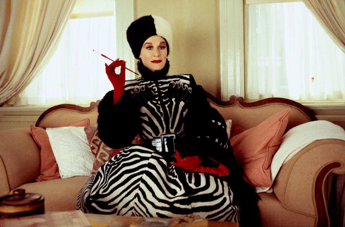 An image of Glenn Close as Cruella de Vil in 101 Dalmatians (1996).