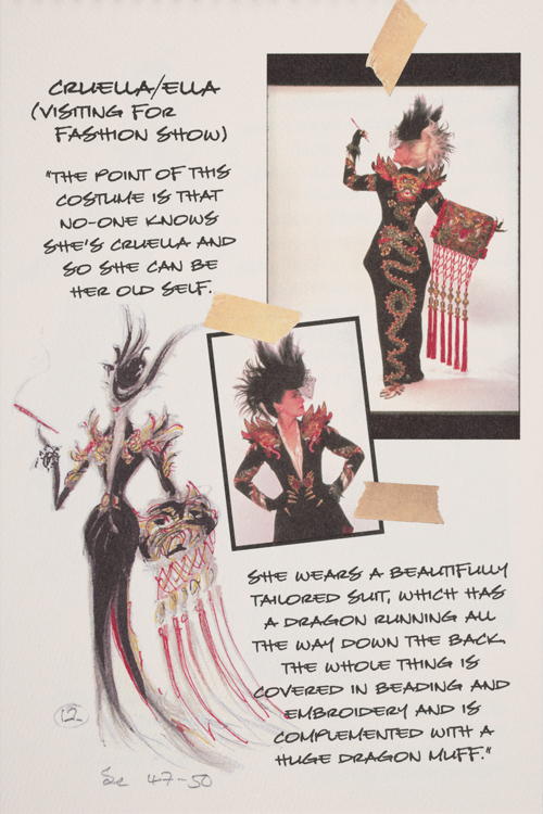 early costume designs for Glenn Close as Cruella de Vil in 101 Dalmatians (1996).
