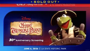 Event banner featuring the "Disney Muppet Treasure Island 30th Anniversary Screening." The top of the image presents D23 (The Official Disney Fan Club) and Street Food Cinema logos. The main image shows Kermit the Frog dressed as a pirate, smiling and holding a wooden object. The event details at the bottom read: "June 6, 2026 | LA State Historic Park." A banner at the top reads SOLD OUT