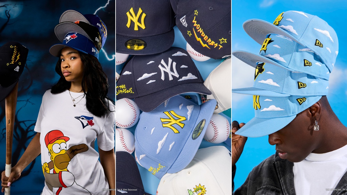 Three images, side by side, from Lids’ The Simpsons x MLB x New Era collection. On the left, a model wears three Krusty Burger-themed hats on her head and holds a bat that has another hat perched on top; she’s also wearing a t-shirt featuring Homer Simpson. In the middle, an image of many hats in the Lids collection, representing several MLB teams. On the right, a model wears four sky-blue hats with iconic Simpsons cloud imagery.