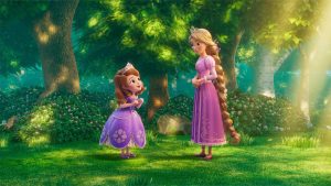 Sofia meets Rapunzel in a lush forest in Sofia the First: Royal Magic.