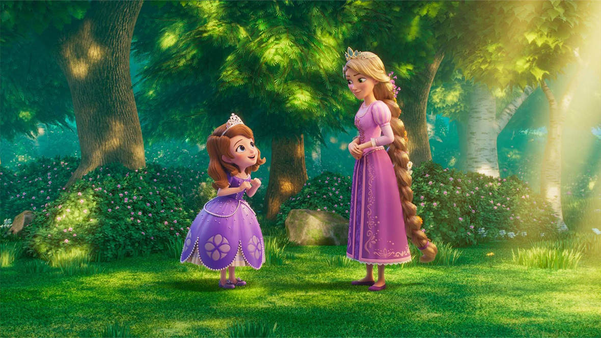 Sofia meets Rapunzel in a lush forest in Sofia the First: Royal Magic.