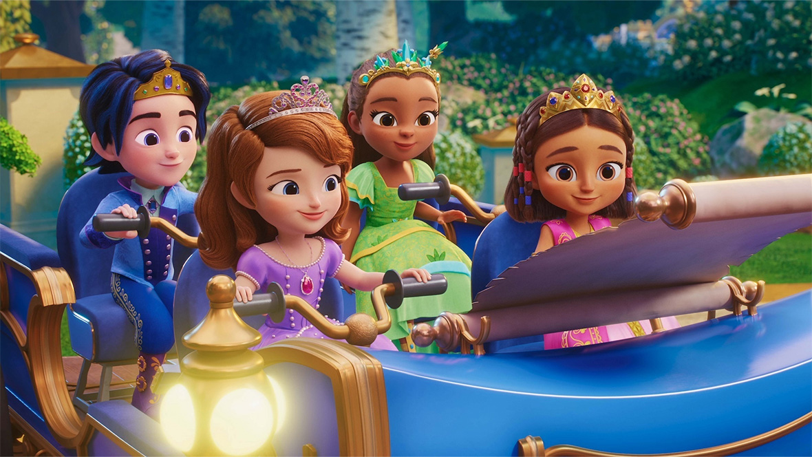 : Zayn, Sofia, Camila, and Layla ride a chariot in Sofia the First: Royal Magic.
