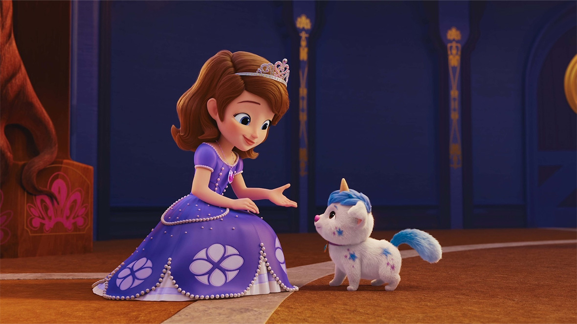 Sofia pets Pepper, her puppy-unicorn, in Sofia the First: Royal Magic.