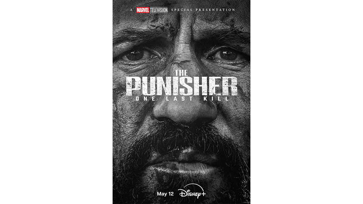 A black-and-white closeup of Frank Castle/The Punisher, played by Jon Bernthal, in the poster for A Marvel Television Special Presentation: The Punisher: One Last Kill on Disney+