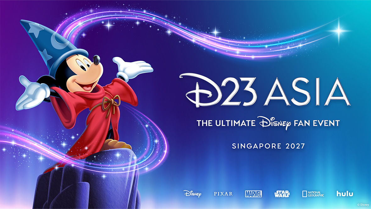 The key art image for D23 Asia: The Ultimate Disney Fan Event, featuring Sorcerer Mickey in his sorcerer hat and red robe; the event logo; and the words &ldquo;Singapore 2027.&rdquo; At the bottom right of the image are logos for Disney, Pixar, Marvel, Star Wars, National Geographic, and Hulu.