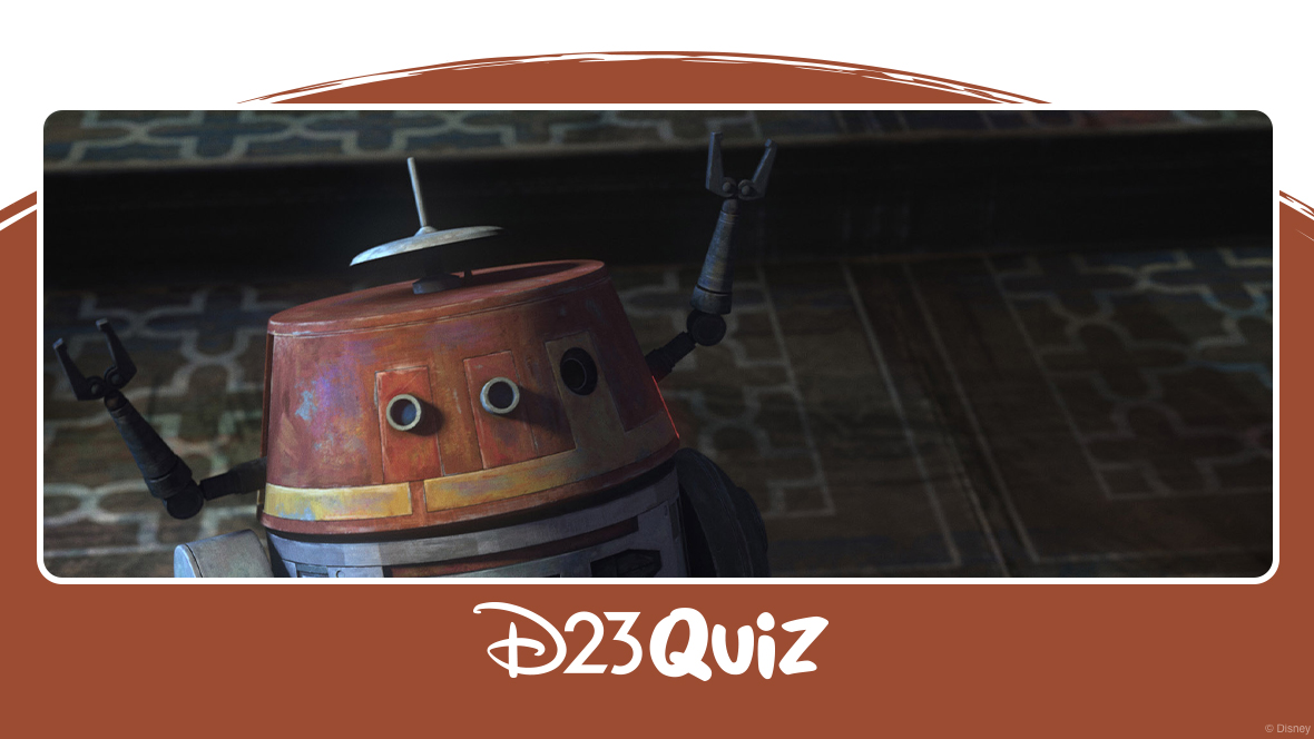 Chopper the droid raises his arms and faces forward in a Star Wars droid quiz graphic for D23.