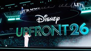 An image of Rita Ferro, president of global advertising for The Walt Disney Company, on stage at the Disney Upfront 2026 in New York City.