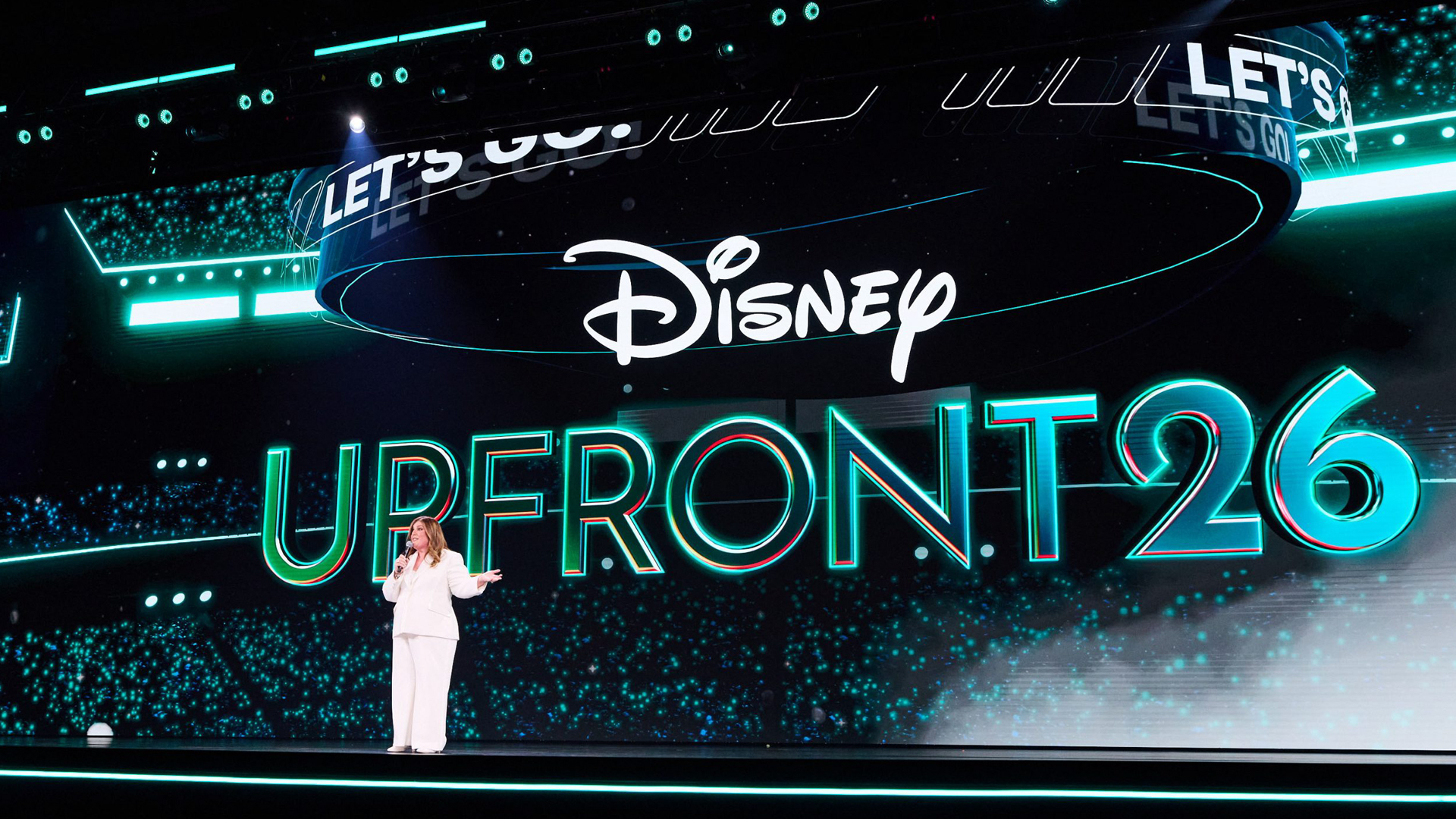 An image of Rita Ferro, president of global advertising for The Walt Disney Company, on stage at the Disney Upfront 2026 in New York City.