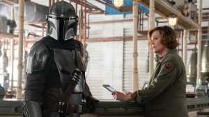 An image from Lucasfilm&rsquo;s Star Wars: The Mandalorian and Grogu featuring Pedro Pascal as Din Djarin (left) and Sigourney Weaver as Colonel Ward (right).