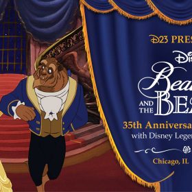 Belle and Beast dance in the castle with text &ldquo;D23 Presents Disney Beauty and the Beast 35th Anniversary Screening with Disney Legend Mark Henn, Chicago, IL June 27.&rdquo;