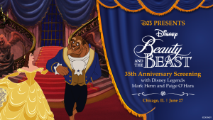 Belle and Beast dance in the castle with text &ldquo;D23 Presents Disney Beauty and the Beast 35th Anniversary Screening with Disney Legends Mark Henn & Paige O'Hara, Chicago, IL June 27.&rdquo;