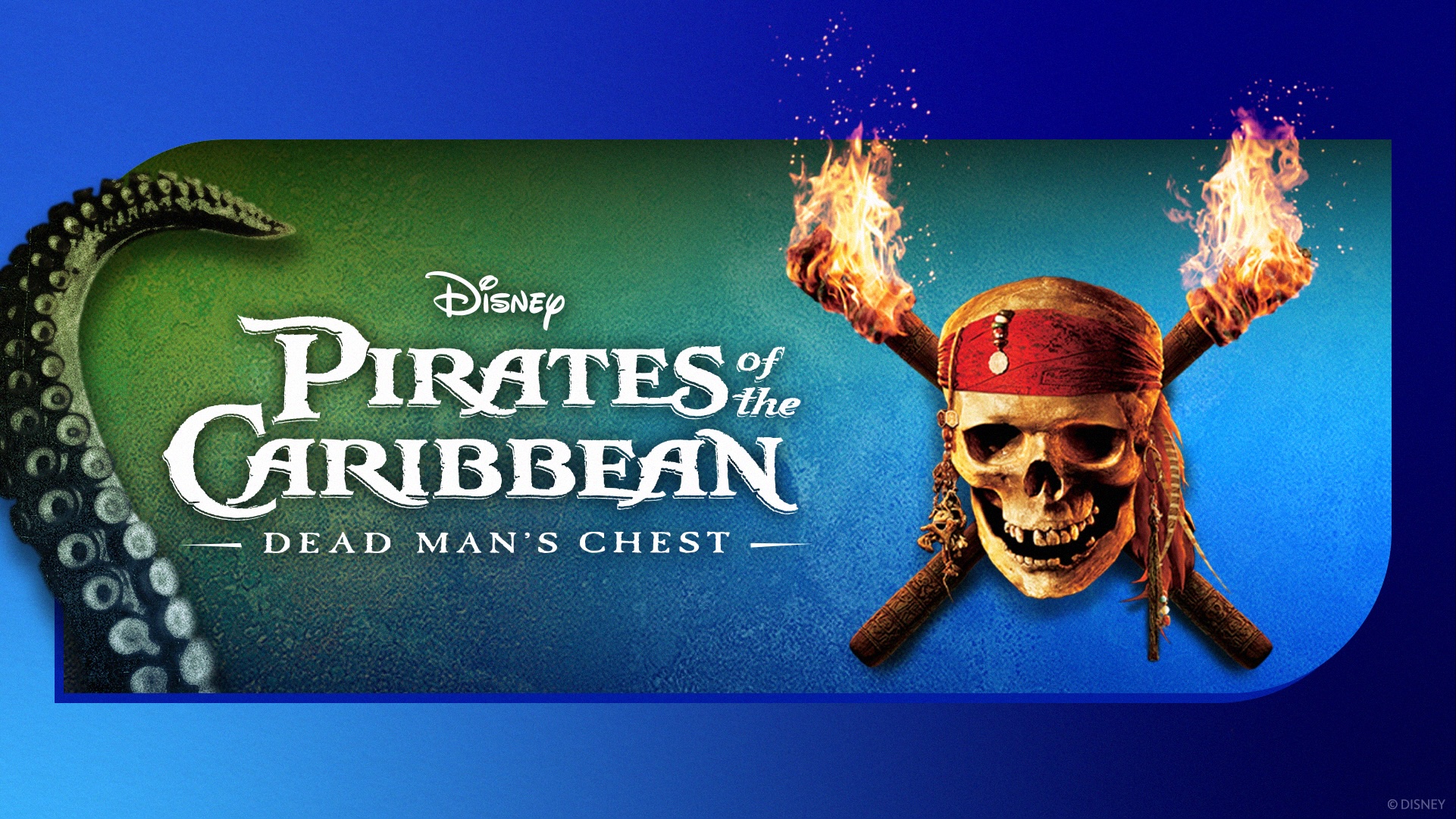 Disney Pirates of the Caribbean: Dead Man&rsquo;s Chest promotional graphic featuring a skull with flaming torches and tentacle with title text.