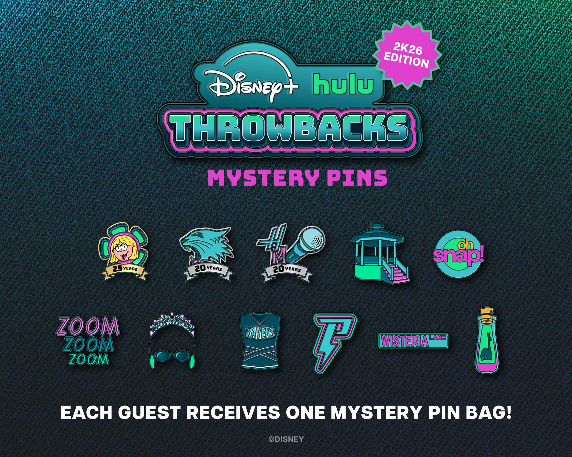 Colorful pins featuring iconic throwback symbols, characters, and phrases from Disney+ and Hulu surround &ldquo;Throwbacks Mystery Pins 2k26 edition, each guest receives one mystery pin bag!&rdquo;