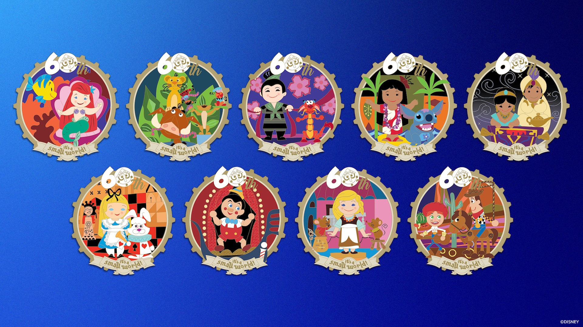 The D23-Exclusive It's a Small World 60th Anniversary Mystery Box Pin Collection features Disney characters like Ariel, Simba, Alice, and Woody in colorful pin designs.