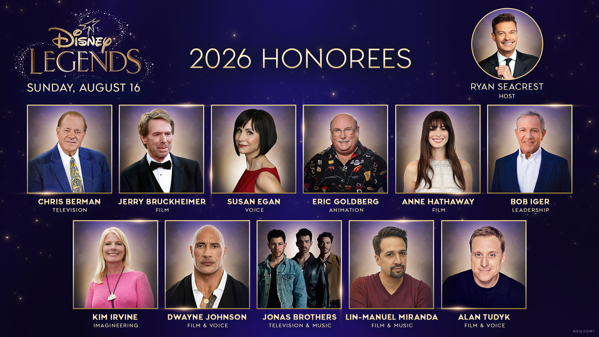 The 2026 Disney Legend honorees are shown with names and categories listed, including host Ryan Seacrest, for the August 16 event.