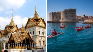 Side-by-side images of the Grand Palace in Bangkok (left), part of Adventures by Disney&rsquo;s new Thailand itinerary, and kayakers on the coast of Dubrovnik (right), part of Adventures by Disney&rsquo;s new Croatia & Slovenia itinerary.