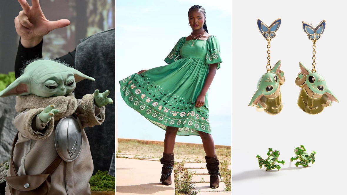 A triptych of images of Star Wars: The Mandalorian and Grogu-themed merchandise. On the left, an animatronic Grogu; in the middle, a themed dress as worn by a model; on the right, Grogu earrings from Baublebar.