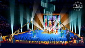 A set-rendering image for the new Disney On Ice production Spotlight Magic! At center, Mickey Mouse, Minnie Mouse, Donald Duck, Daisy Duck, and Goofy can be seen in fancy, red-carpet style costumes. An LED video screen at the back of the rink is split into four panels, also showing (left to right) Daisy, Minnie, Mickey, and Donald. Other skaters are seen around the characters, two of whom are suspended from a large film-lighting-style rig holding a spotlight.