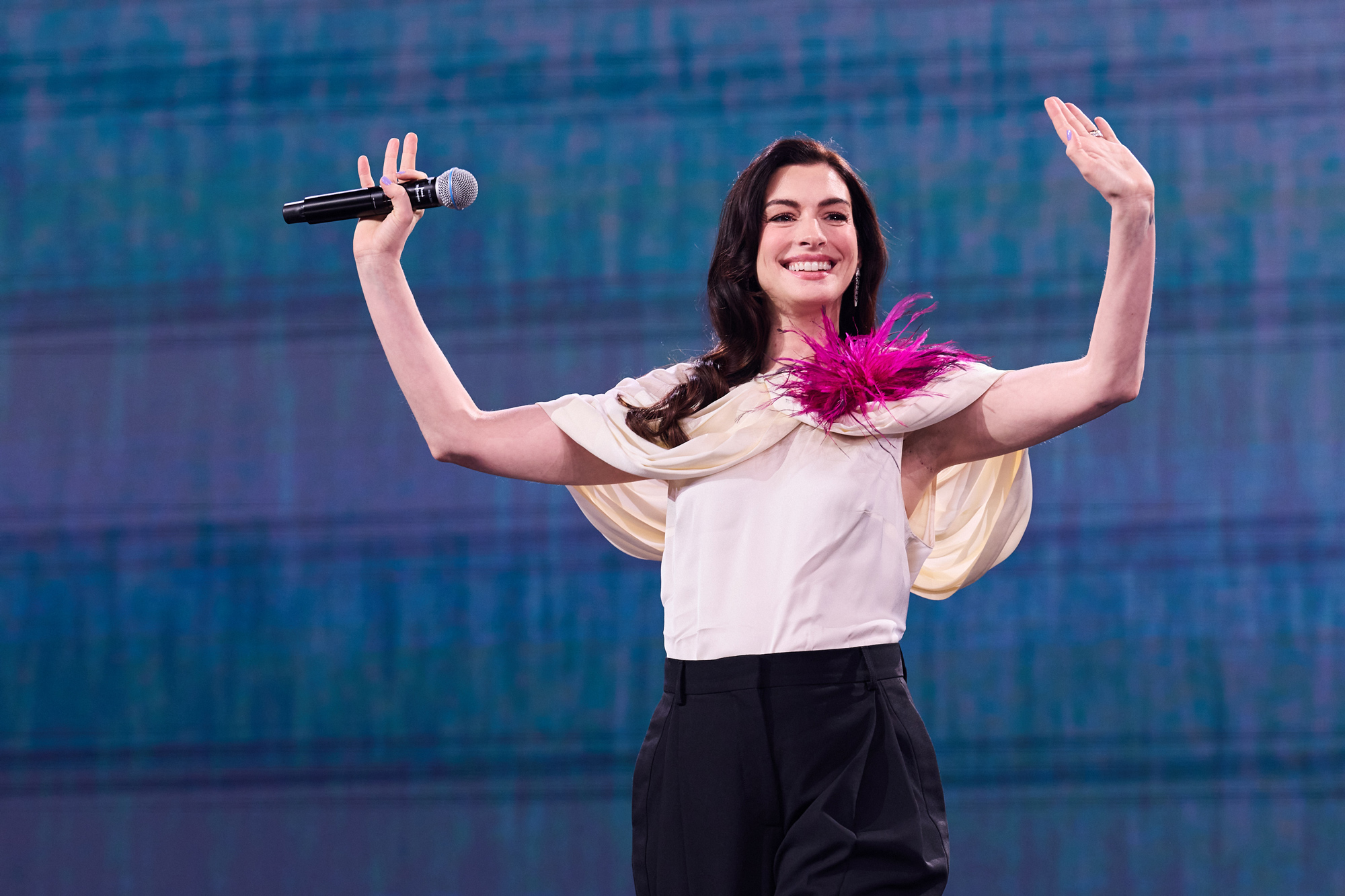 Newly announced Disney Legend and star of The Devil Wears Prada 2, Anne Hathaway on stage during the Disney Upfront 2026 in New York City.