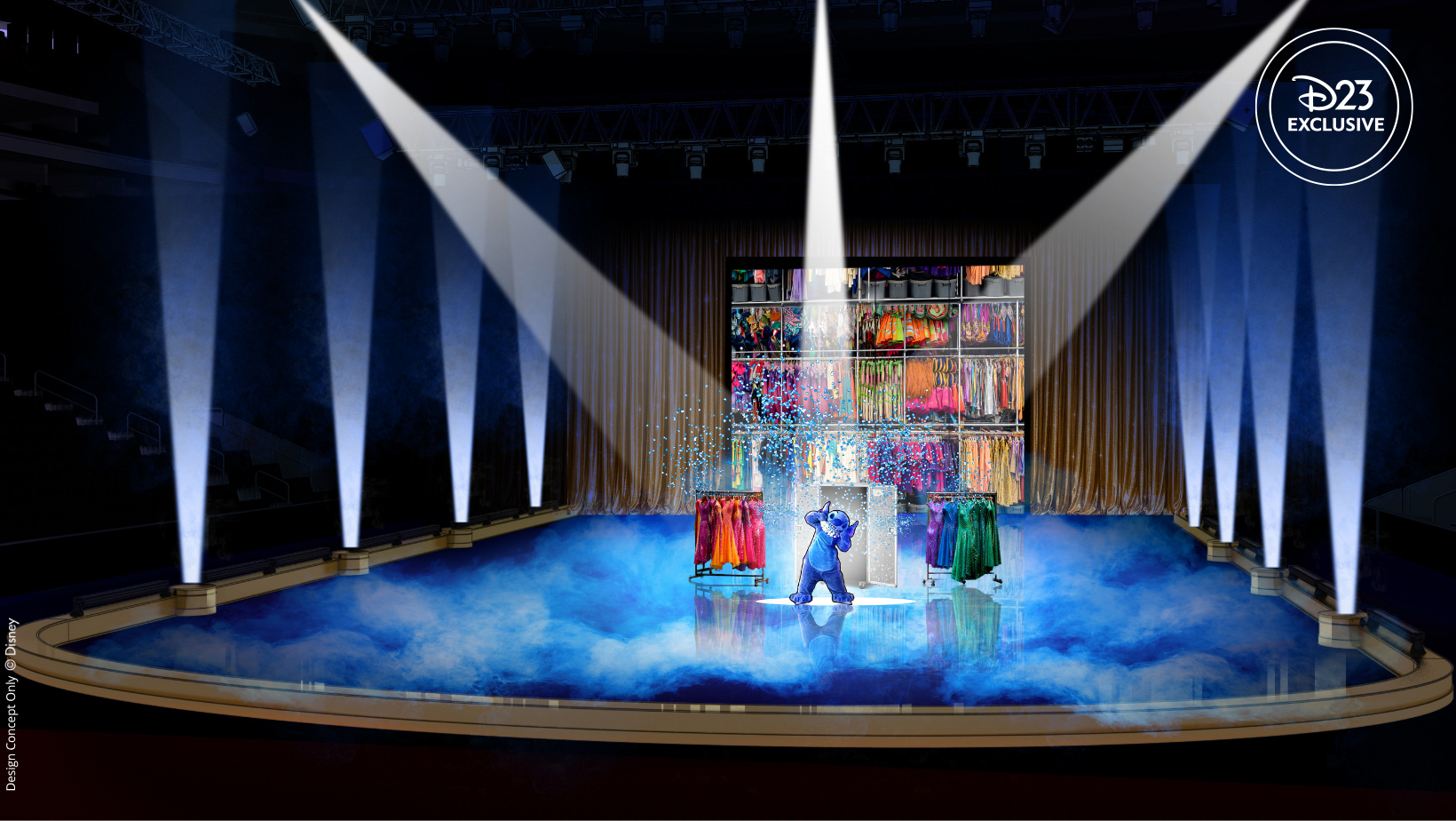 A set-rendering image for the new Disney On Ice production Spotlight Magic! At center, Stitch from Lilo & Stitch is standing near several racks of clothing. Blue confetti appears around him.