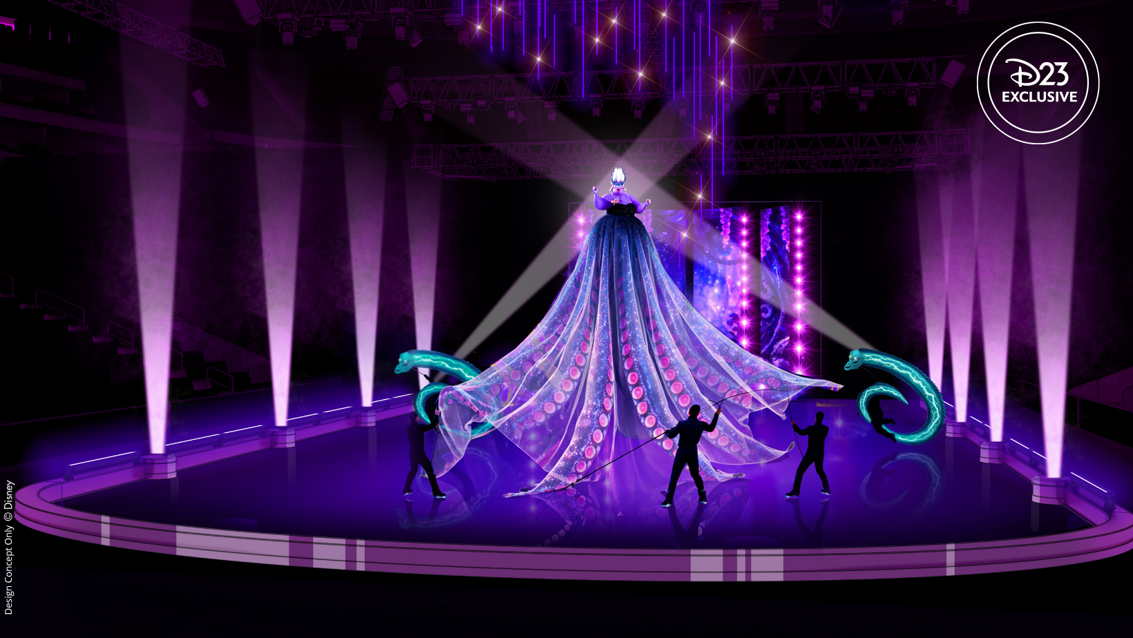 A set-rendering image for the new Disney On Ice production Spotlight Magic! At center, the character of Ursula from The Little Mermaid is high above the rink, and several skaters are below her, with the edges of her tentacle dress attached to poles they&rsquo;re holding. Flotsam and Jetsam are also seen on either side of her.