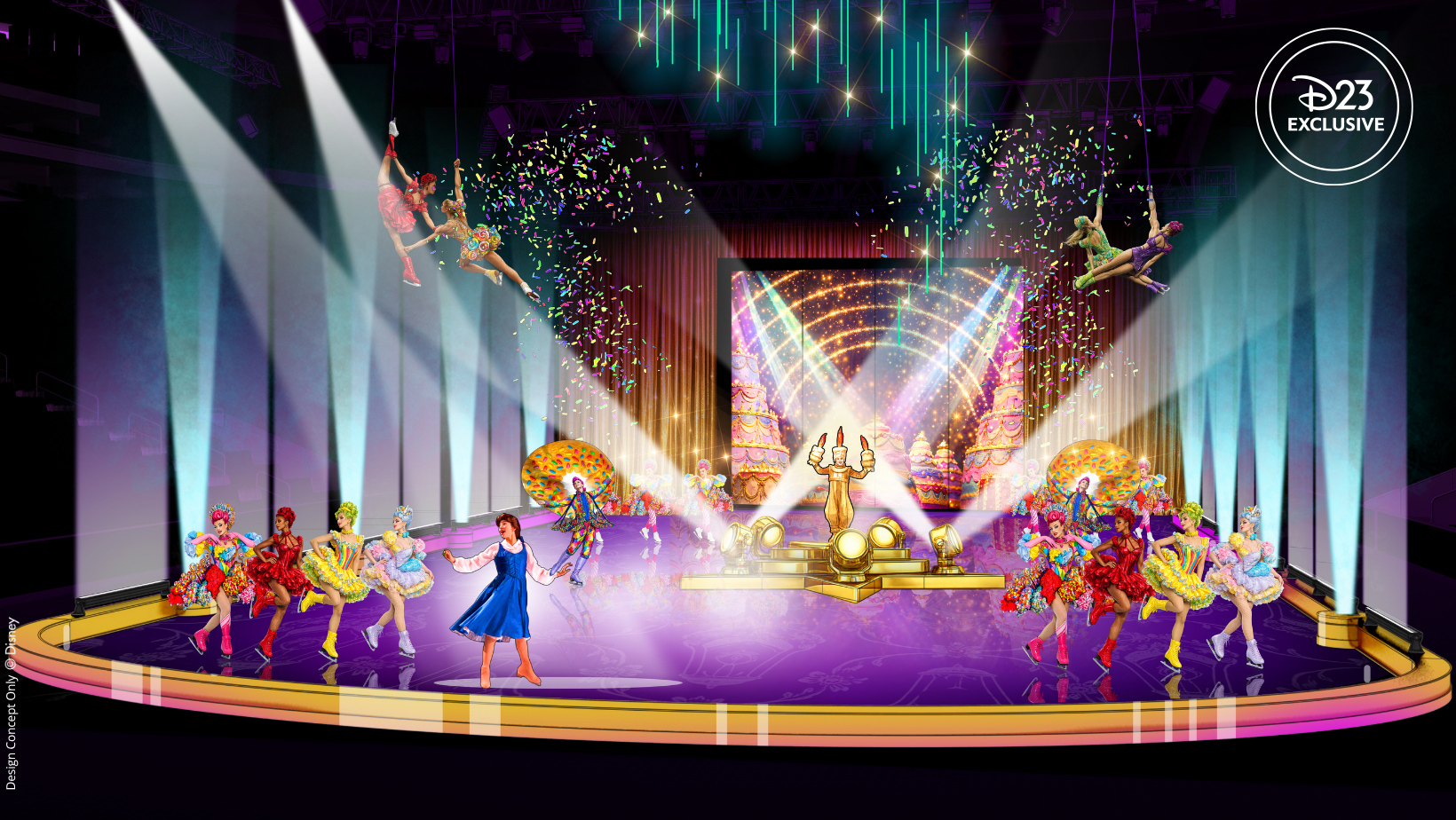A set-rendering image for the new Disney On Ice production Spotlight Magic! The characters Belle and Lumiere from Beauty and the Beast are in the middle of singing &ldquo;Be Our Guest&rdquo;; Lumiere is on a platform at center, and other skaters (some dressed as plates) are skating around or flying through the air. Colorful confetti is raining down.