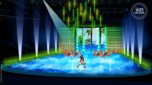 set-rendering image for the new Disney On Ice production Spotlight Magic! On the left, a scene featuring Moana and other skaters depicting Motunui