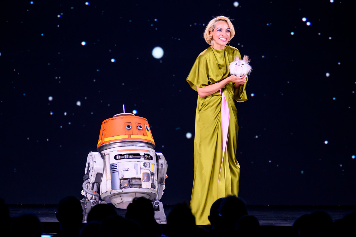 Rosaria Dawson from Disney+&rsquo;s Ahsoka, on stage at the Disney Upfronts 2026 in New York City.