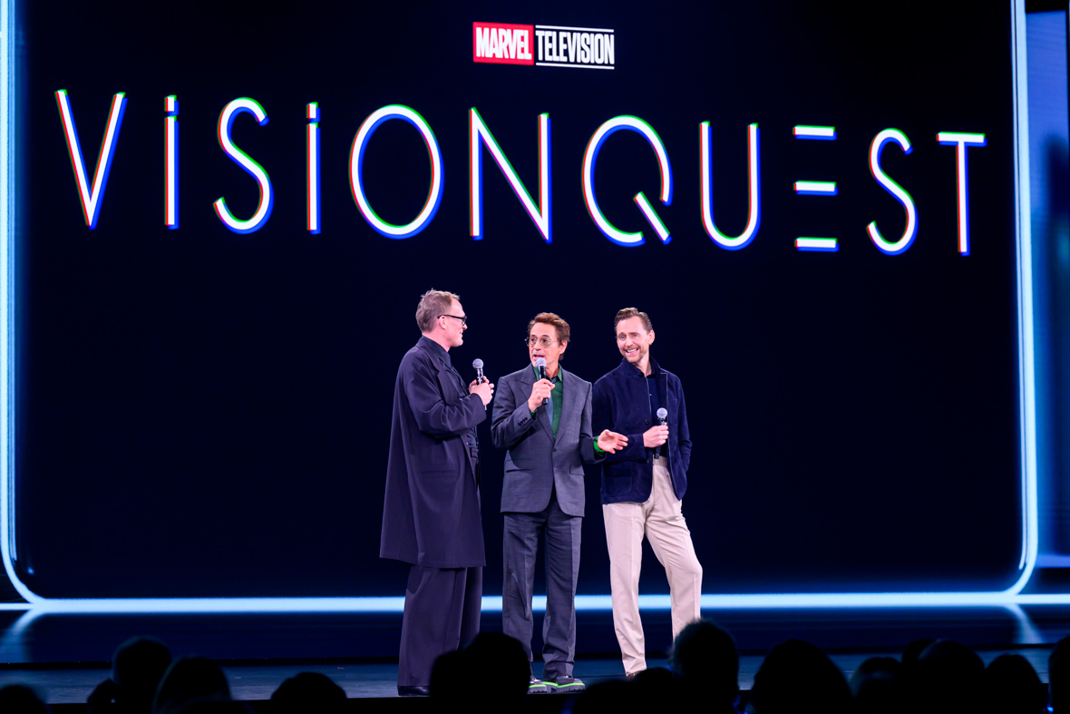 Paul Bettany from Disney+&rsquo;s VisionQuest is joined on stage by fellow MCU stars Disney Legend Robert Downey Jr. and Tom Hiddleston.