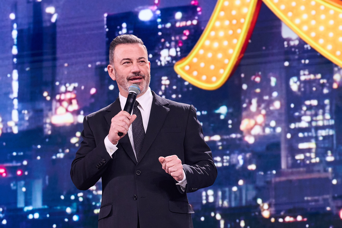 Jimmy Kimmel on stage at the Disney Upfront 2026 presentation in New York City.