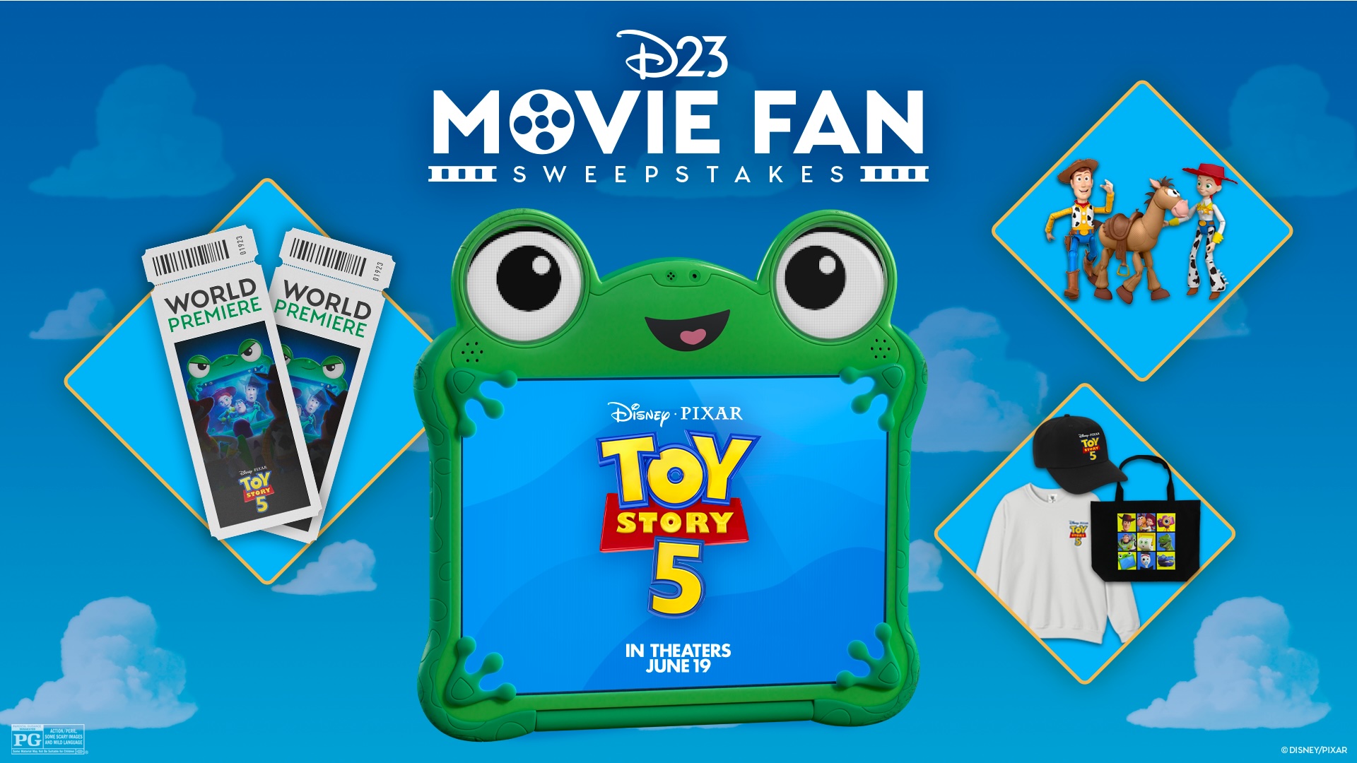 The D23 Movie Fan Sweepstakes for Disney Pixar Toy Story 5 displays premiere tickets, Toy Story character figures, and branded merchandise on a blue sky background.
