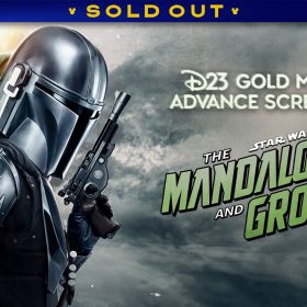 The Mandalorian and Grogu stand together against a cloudy sky with text reading "SOLD OUT D23 Gold Member Advance Screenings" and "The Star Wars Mandalorian and Grogu," plus a PG-13 rating.