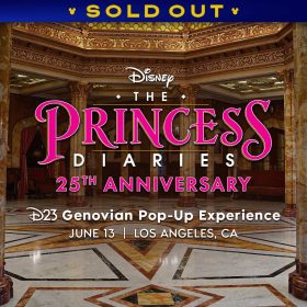 Ornate marble columns and golden ceilings surround the text &ldquo;SOLD OUT Disney The Princess Diaries 25th Anniversary D23 Genovian Pop-Up Experience June 13 Los Angeles, CA.&rdquo;
